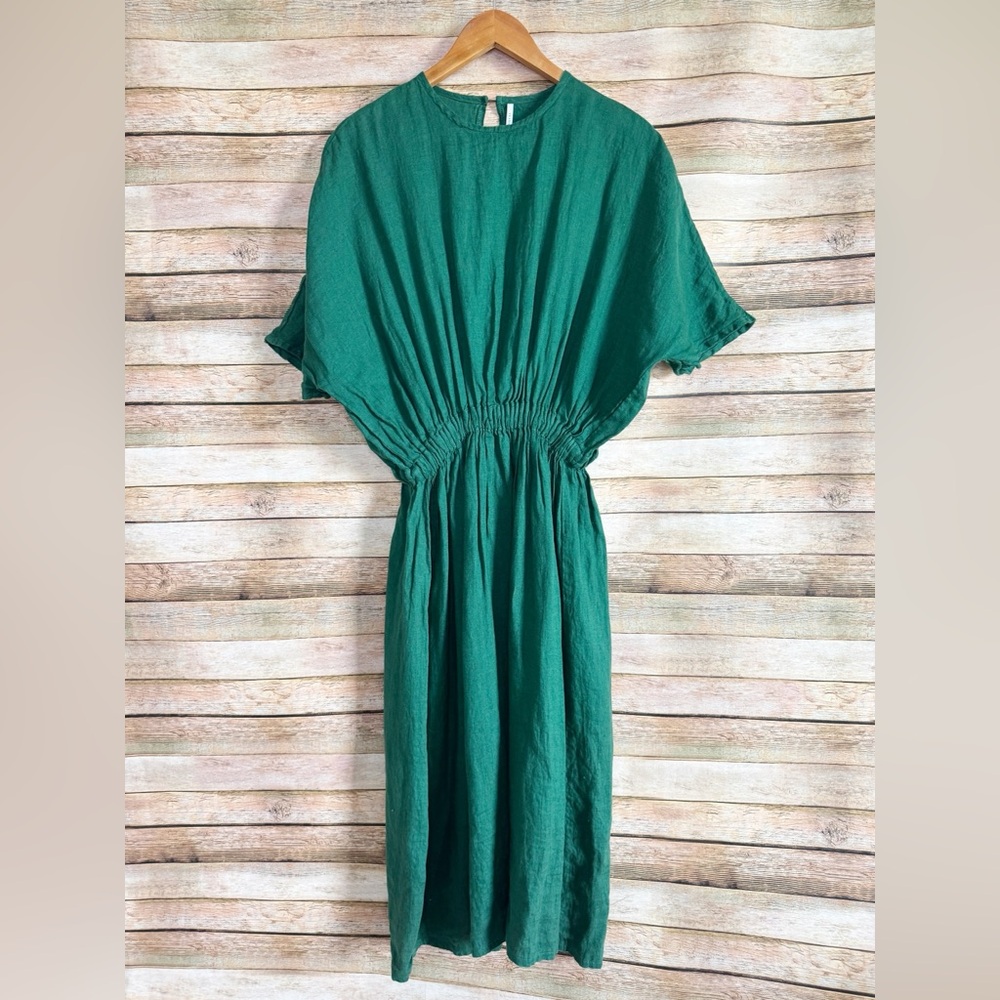 Green Elastic-Waist Midi Dress